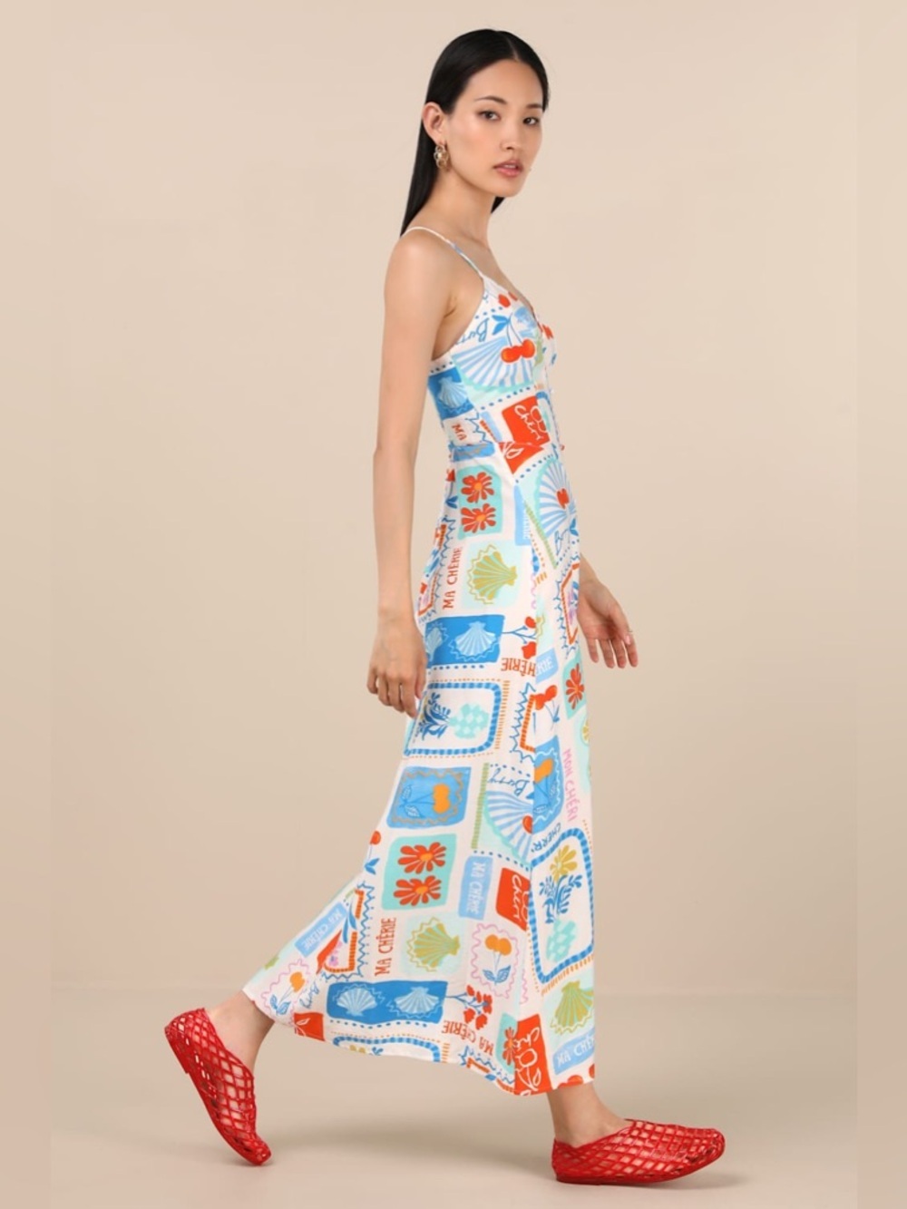 LULU’S Sanya Ivory Multi Print Button-Front Sleeveless Midi Dress - Picture 4 of 6